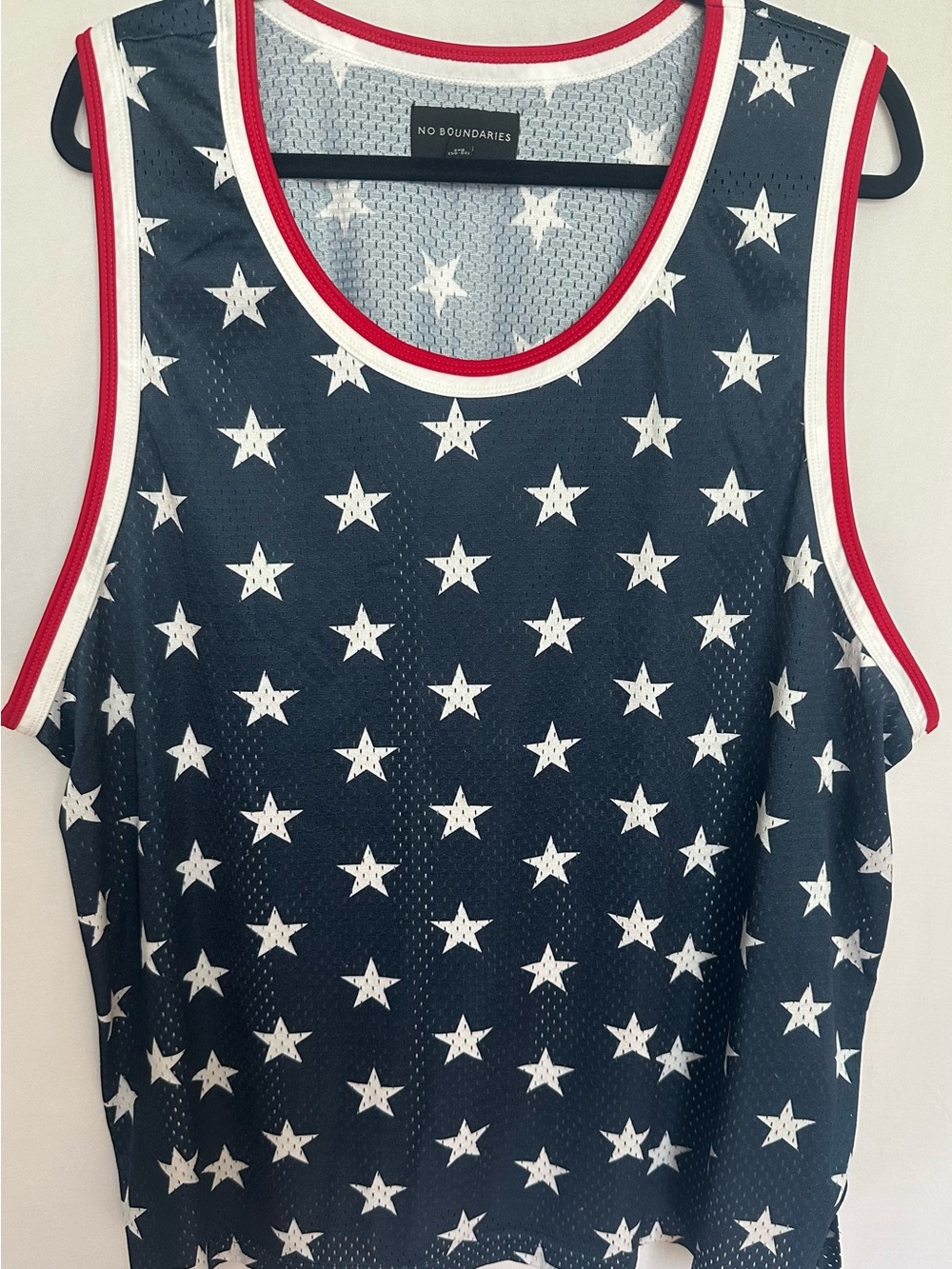 No Boundaries Navy Star Mesh Tank with Red Trim
